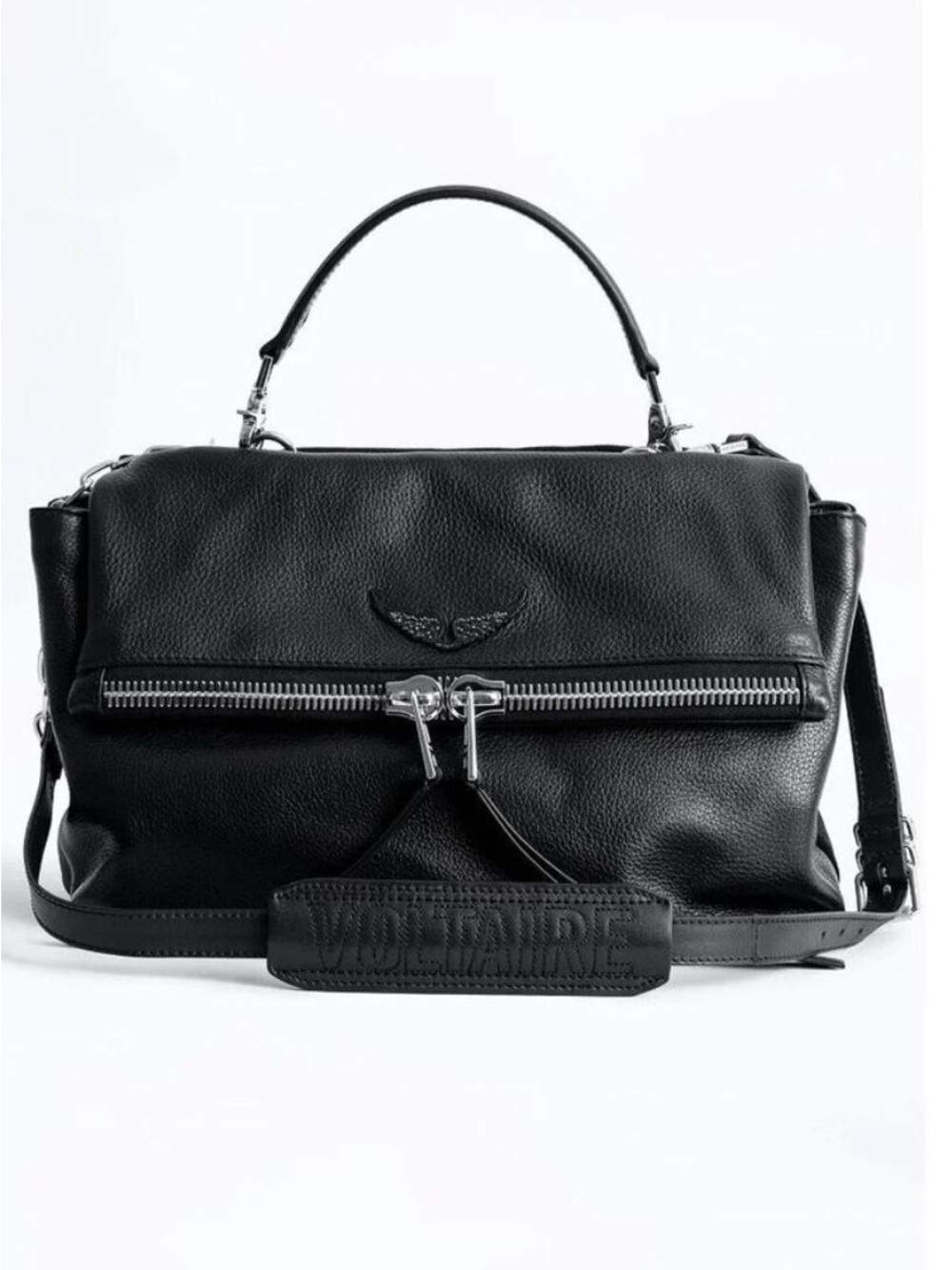 Zadig & Voltaire Black Leather Satchel with Wing Detail, 100% authentic